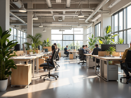 湖北海播视界科技有限公司办公环境，现代化办公室内部，员工在工作区域专注工作，白色办公桌椅，明亮自然光线，现代商务风格